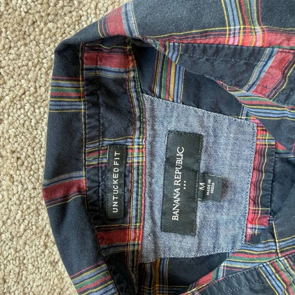 Banana Republic Navy Plaid Button-Up Shirt with Red and Green Stripes Size M